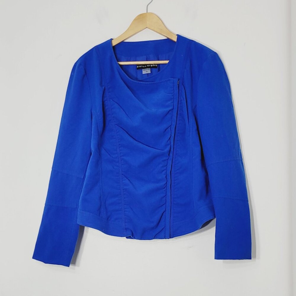 Bianca Nygard Elegant Royal Blue Soft Long Sleeve Off Side Zip Blazer Plus Sz 14